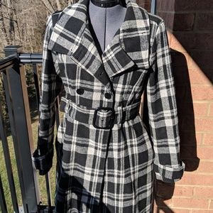 Black and Ivory Belted Plaid Coat